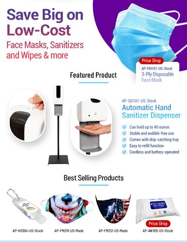 Low-Cost 3-Ply Masks Wipes Custom Hand Sanitizers Automatic Sanitizer Dispensers Drinkware Lanyards  more