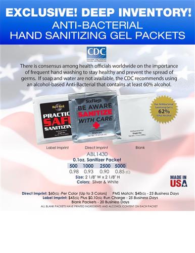 Gel packets keep hands sanitized and everyone healthy Come blank or imprinted
