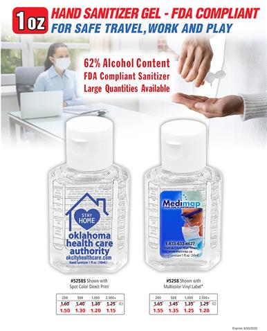 FDA Compliant 1 OZ Gel Hand Sanitizer - Safe for travel work  play