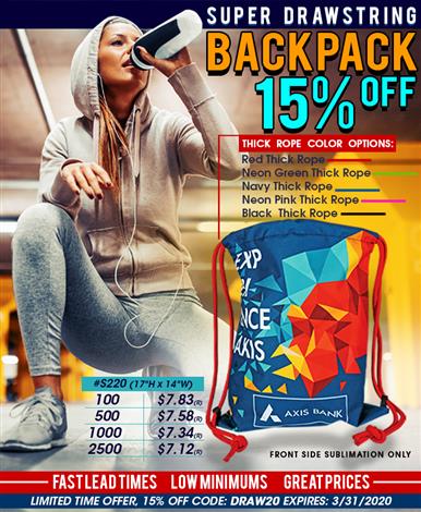 Sublimated Drawstring Pack-Limited Time Discount Offer